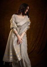 Silver Linen Silk Saree with Bold Line Weaving